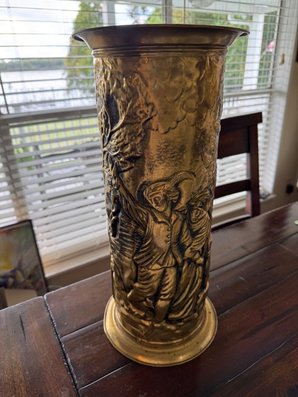 Vintage Embossed Brass Umbrella Repousse European Tavern Scene Dutch or English